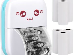 Portable Printer, Mini Pocket Wireless Bluetooth Thermal Printers with 6 Rolls Printing Paper for Android iOS Smartphone, BT Inkless Printing Gift for Label Receipt Photo Notes Study Home Office, Blue