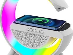 RGB Atmosphere Lamp,Color Changing Mood Light with Wireless Charger, 3 In 1 Dimmable Night Light with with Alarm Clock, Bluetooth Speaker,15w Fast Charger and APP Control for Bedroom, Party K